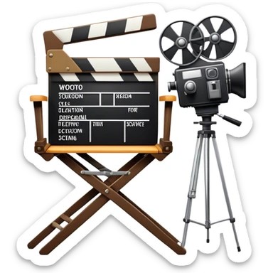 Icon for Directing: a director's chair, a film clapperboard, large movie camera and a stage with a spotlight. The icon should represent the creative and organizational aspects of directing, with focus on storytelling, staging, and performance. Transparent background. sticker
