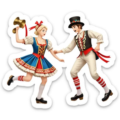 Cinematic Realistic scene of two performers executing a Morris Dance in full traditional costume—with bells, ribbons, and clogs—captured in dynamic motion against a rustic English backdrop and warm, golden lighting sticker