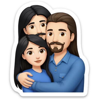 a white girl with long black hair, hugging a white guy with brown hair goatee mustache sticker