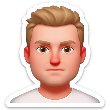 male  very short light  brown hair  very round red ace sticker