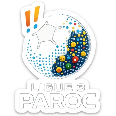 Le logo présente un ballon de football moderne, stylisé en forme de globe digital composé de petits pixels ou emojis sportifs, symbolisant l’alliance entre sport et numérique. Deux points d’exclamation "!!" dynamiques, en biais et colorés, sont placés en haut à gauche du ballon comme un emblème, évoquant l’intensité et l’enthousiasme de la ligue.

En dessous, le nom "Ligue 3 Paroc" est écrit en lettres audacieuses, avec une typographie sportive mais légèrement futuriste. Le mot "Paroc" est accompagné de son emblème discret (ex. : une petite montagne ou vague, selon l'identité visuelle de Paroc Sport). sticker