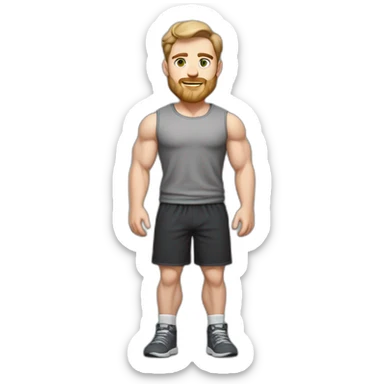 Full height Pale skinned fit man With biceps, Realistic eyes and mouth, light brown hair and stubble In dark gray sleeveless mike, black oversize sports shorts, watch and white sneakers. sticker