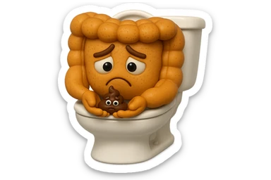 emoji stile iphone di un intestino realistico 3d che esce dal wc con in mano una montagnetta di feci con espressione triste a palline, iperrealistico 4k sticker