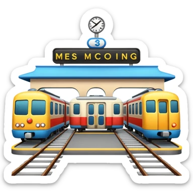 A 3D cartoon train terminal with tracks, platform signs, and an arriving train, Memoji-style realism. sticker