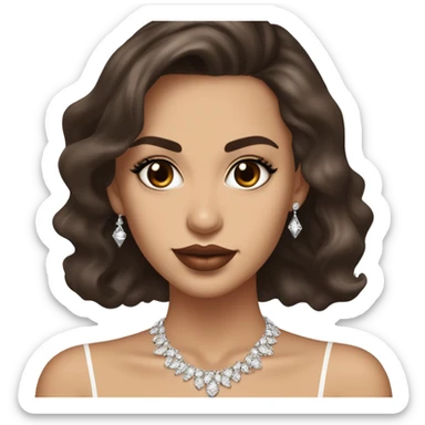 Girl with brown eyes and a fair skin tone long eyelashes and long dark brown hair in a side parting in a wavy/blowout effect style wearing white scoop neck top and wearing a diamond necklace in the shape of an M and plump glossy lips sticker