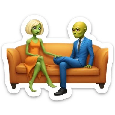 blonde alien reptilian woman in orange dress and humman man in blue, sitting on a couch  sticker