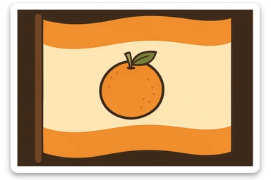 Reduce the size of the mandarin, remove any human elements, make the background white, and keep the flag style with orange stripes at the top and bottom. Maintain the overall composition and style as in the original image. sticker