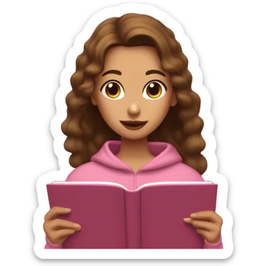 A girl with undulate brow hair and brow eyes is wearing a brown sweatshirt and is reading a pink book ping  sticker