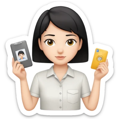 A young guide with short black hair and fair skin is wearing a white shirt, showcasing her license with both hands, which is horizontal. sticker