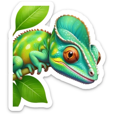 cinematic cute-smiling baby chameleon-realistic emoji,-blending-with-vibrant-greenery.-detailed-scales-in-shifting-colors,-showing-the-chameleon’s-ability-to-camouflage.-soft-natural-light-highlights-its-texture.-light-background, zoomed into its face sticker