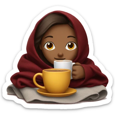 Brunette girl inside a maroon blanket sipping coffee eyes closed sticker