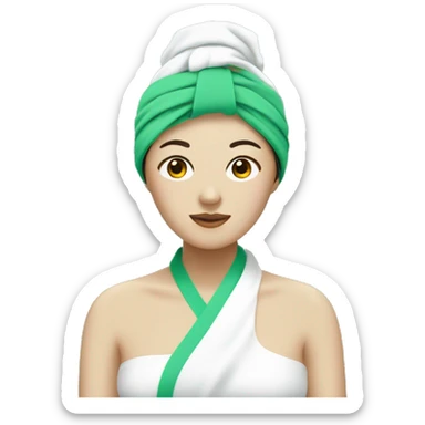 Asian woman wearing towel and towel in her head and a beauty green mask sticker