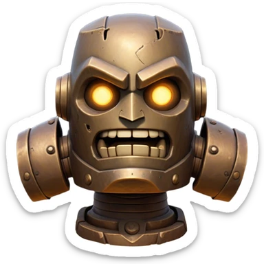 Cinematic Comical Mighty Iron Golem Portrait Emoji Head tilted dramatically with an exaggeratedly amused expression, featuring a bulky, armored form with a slightly lopsided stance, ancient runes flickering erratically, and one massive, jointed hand raised in a slow, deliberate wave. Wide, expressive glowing eyes give it an almost humorous, puzzled look, as if it’s contemplating something far beyond mortal understanding. Rendered with detailed metallic textures and deep, dynamic lighting, high shine, dramatic yet whimsical, styled with a hint of unexpected charm, soft glowing outline, capturing the essence of an endearing yet colossal guardian that looks ready to crack an impossibly slow, earth-shaking joke! sticker