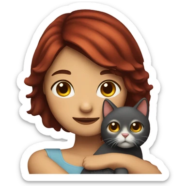 brunette girl with bob hair hugging red cat sticker