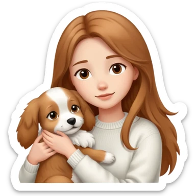 a girl with long light brown hair, in a white sweater, hugs a cute one dog. sticker