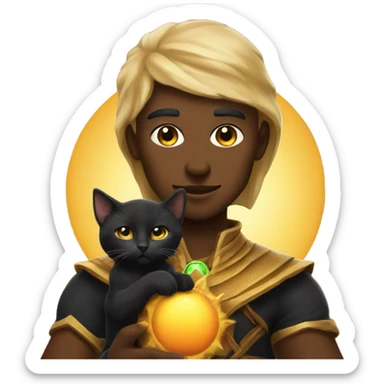 A sun warlock who has tan skin and is holding a black kitten sticker