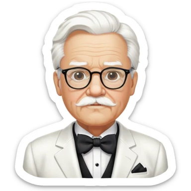 Colonel Sanders KFC, old man with white hair, white goatee, black bow tie, white suit, glasses sticker