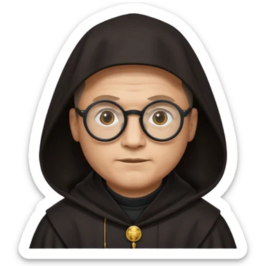 Monk priest prayer black habit with hood round black glasses done light brown wavy hair under hood remove the medallion smaller more round glassed age 46  sticker