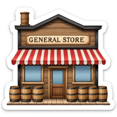 general store, storefront with striped awning, barrels outside sticker