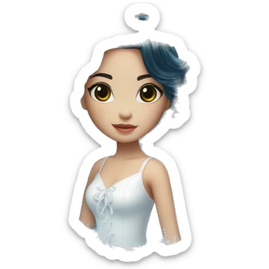 Pretty young Lady doll posing posed pose with long black hair flowers in hair white dress surrounded by flowing water water swirls waves sticker