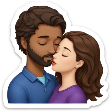 White woman (brown hair with eyes closed) kissing the top of the head (forehead) of brown man with black wavy hair (has a a beard with his eyes closed too). Woman has her lips to the forehead of the man. sticker