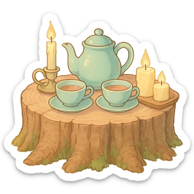 stump table with tea set and candles, kawaii cottagecore vibes, soft pastel colors, ghibli style sticker