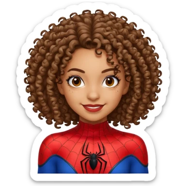 Lightskin girl with curly hair, eyebrow piercing in left side, wearing a spider man costume sticker