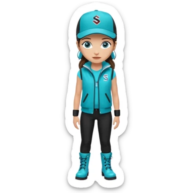 A landscaper in a beautiful turquoise jacket, turquoise rubber boots, and black pants. Over the turquoise jacket, she wears a black sleeveless vest. On her head, she wears a black Swissotel baseball cap. The girl is a brunette with blue eyes. sticker