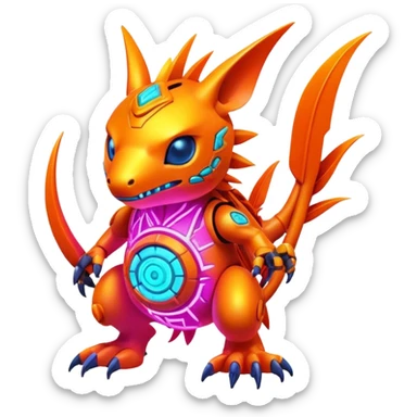 Tropical futuristic lush warm-colored neon-colored Digimon-Fionbri-creature sticker