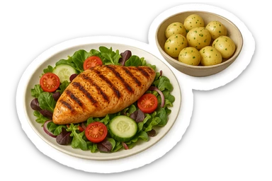 insalate con petto di pollo grigliato e bowl di patate cotte poggiate per terra, iperrealistico 4k sticker