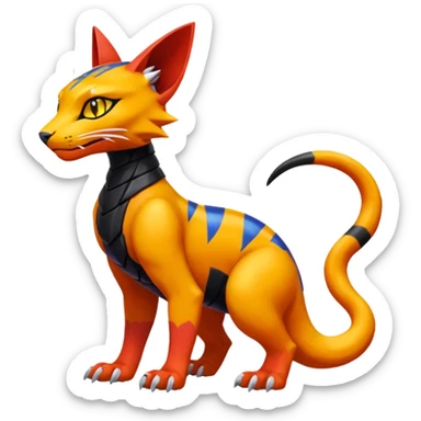 Colorful orange red black yellow Bastet-Salandit-Gatomon-Vernid-Protogen-Digimon-Fakémon-Pokémon-creature  (full body) sticker