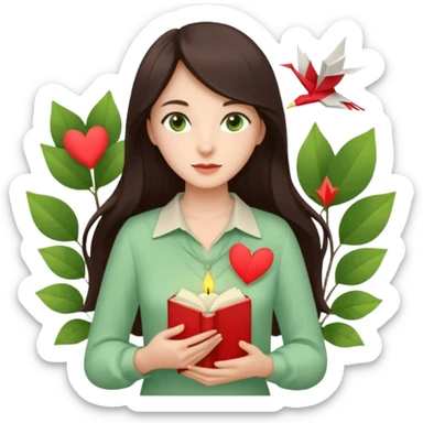 Gentle woman with fair skin, long dark brown hair, green eyes, light green blouse, holding a book to her chest. Surrounded by a heart, paper crane, leaves, and candle. Waist-up, front-facing sticker