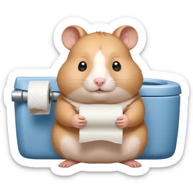 Cute chubby cartoon-style hamster sitting on toilet holding toilet paper looking as if he had an accident, sticker-style illustration sticker