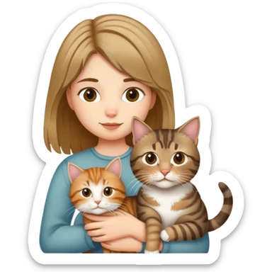 A girl holding a long-haired tabby cat and a short-haired tabby cat sticker
