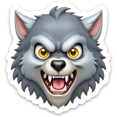 Cinematic Comical Werewolf Portrait Emoji, with a whimsically exaggerated lupine face in vivid moonlit grays and silvers, head cocked in a dramatically shocked expression with comically oversized, wide eyes and a playful snarl, simplified yet hilariously expressive, highly detailed with a soft cartoonish glowing outline capturing the mischievous humor of a werewolf mid-transformation! sticker
