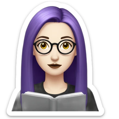 goth woman with long side parted purple hair and oval glasses, pale skin, taking notes on a tablet sticker