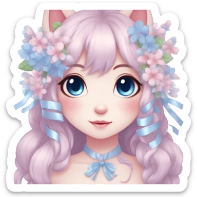 Anthro Cute Cool Blushing Pastel Innocent Shy Kawaii gorgeous sparkly ethereal fantasy anime animal creature with blue eyes furry sona with flowers and ribbons beautiful aesthetic sticker