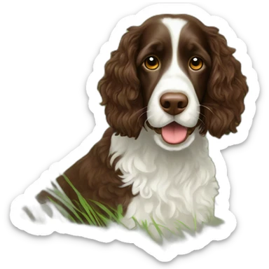 Create a picture of a chocolate phantom coloured springer doodle in a beautiful grassy field sticker