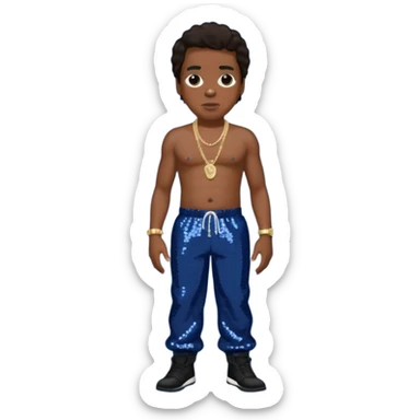 Jay-Z with dark brown hair, dark blue sequin baggy pants, shirtless with necklace  sticker