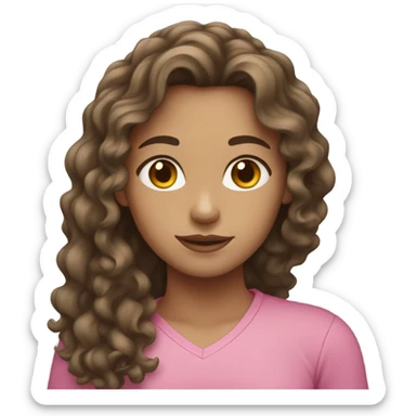 Girl with curly long brunette hair and light skin white a pink shirt  sticker