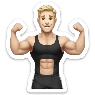 Joyful Celebrating victory Pale skinned Fit Man With the biceps and dark brown hair in black shirt, gray sports shorts and white Sneakers sticker