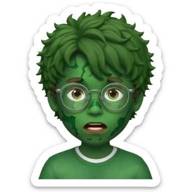 crie a imagem de um garoto com estilo memoji de iOS de pele esverdeada com machucados abertos na boca , cabelos cacheados castanhos e oculos. sticker