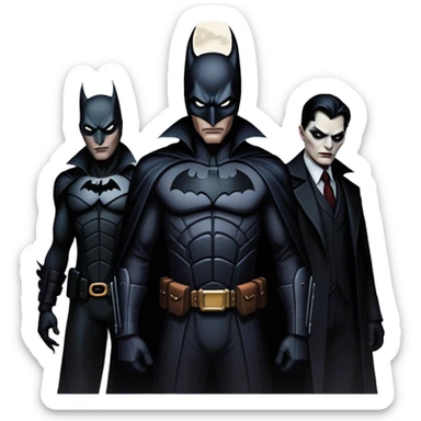 Icon for Thriller Movies: A large, dramatic collage featuring sinister villains in dark clothing. The background shows the gloomy cityscape of Gotham, with dim lighting and eerie shadows. The atmosphere should be tense, mysterious, and suspenseful. Transparent background. sticker