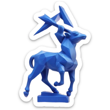 A Sagittarius sculpture with a geometric, faceted design. The Sagittarius is standing upright with angular and baroque features. The vibrant red and blue flame colors highlights the sharp edges and planes. sticker