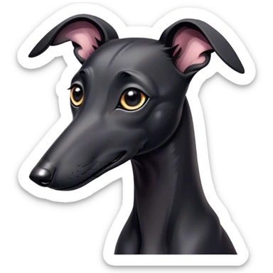 Cinematic Cute Black Greyhound Portrait Emoji, Head tilted playfully and inquisitively, featuring a smooth, shiny jet-black Fur and round, sparkling dark eyes filled with curiosity, Simplified yet irresistibly adorable features, highly detailed, glowing with a warm, friendly glow, high shine, affectionate and agile, stylized with a touch of whimsy, bright and endearing, soft glowing outline, capturing the essence of a mischievous yet loving racer, so playful it feels like it could dash out of the screen and into your arms! sticker