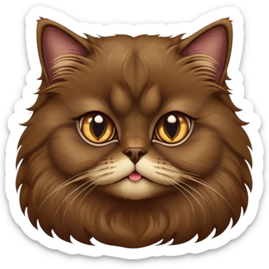 Cinematic Adorable Big-Eyed Fluffy Dark Brown Persian Cat Portrait Emoji, Head tilted playfully with a sweet expression, fluffy dark brown fur with rich caramel and gold undertones, Simplified yet irresistibly cute features with large, expressive eyes, highly detailed, glowing with a warm and gentle glow, high shine, a mix of affectionate and curious, stylized with a touch of whimsy, bright and full of charm, soft glowing outline, capturing the essence of a fluffy, loving kitty with oversized eyes, so endearing it feels like it could leap out of the screen and cuddle with you instantly! sticker