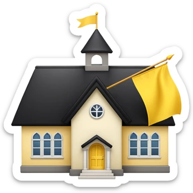 simple magic school, low detail, white background, magic school, black roof, with a big flag, big flag on a roof, big yellow flag, white school sticker