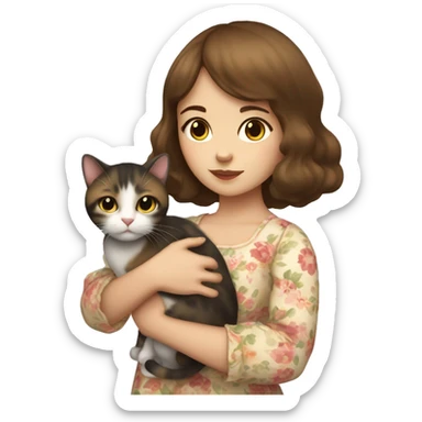 A girl with white skin, brown hair with bangs, wearing a floral dress, holding a calico cat in her arms  sticker