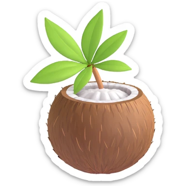 3D emoji style coconut with a small green leaf, simple and expressive sticker