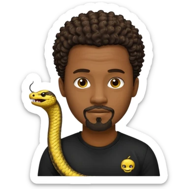 Homme noir, yeux marron avec un bouc que le menton, cheveux court et bouclé crépus avec dégradé sur le côté, avec un cobra à côté , t-shirt noir  sticker